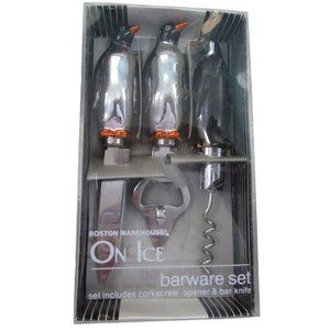 On Ice Penguin Barware Set Three Piece Bottle Opener Corkscrew Bar Knife